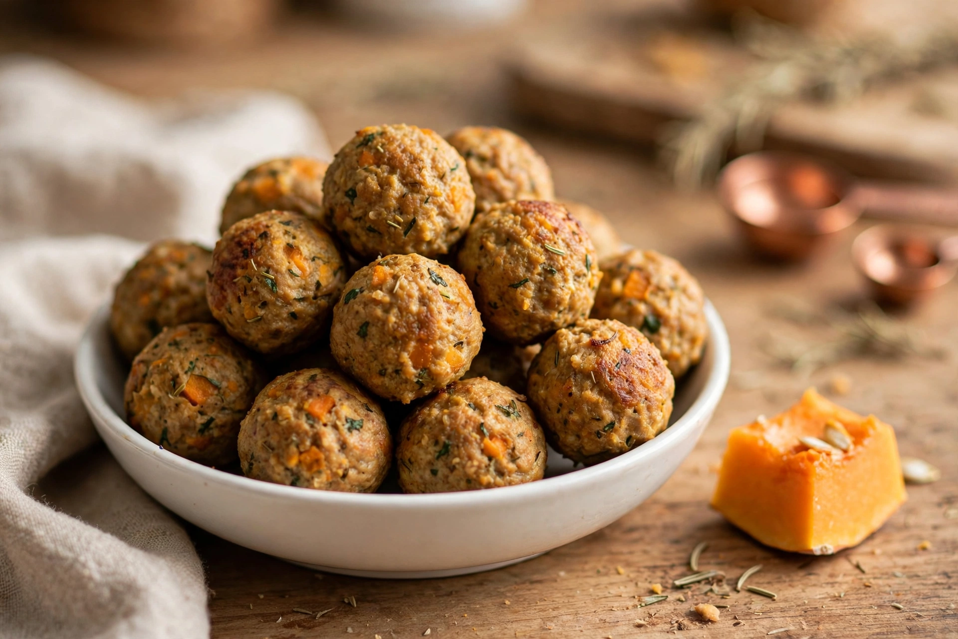 Turkey and pumpkin meatballs for dogs in a bowl