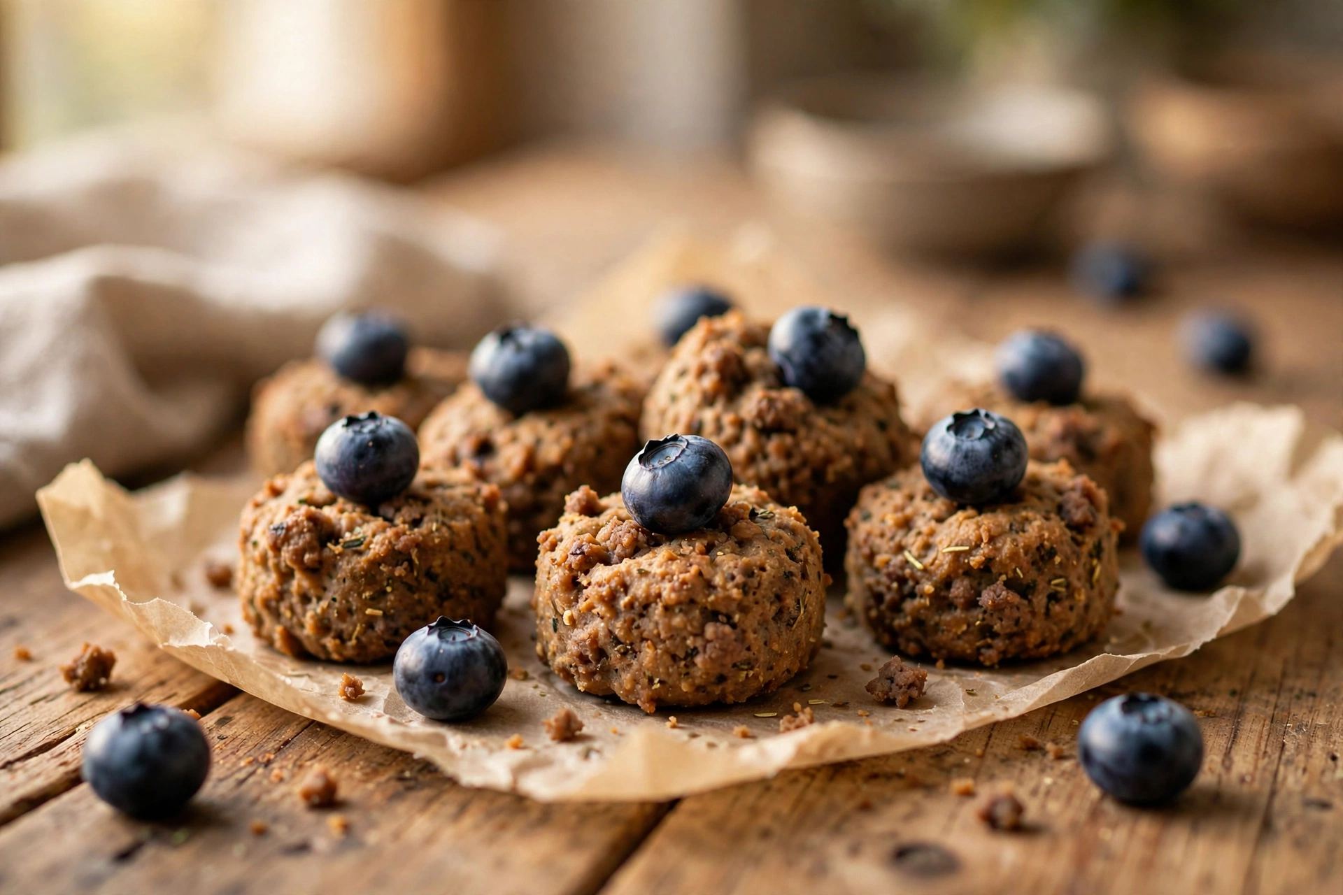 Beef and blueberry baked dog treat bites with blueberries