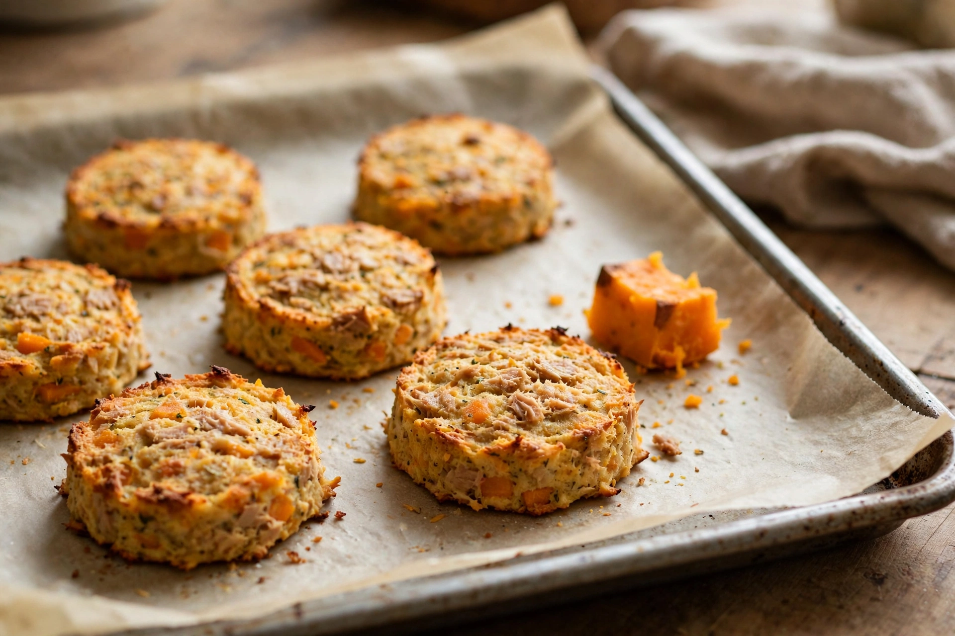 Tuna and sweet potato cakes for dogs on parchment paper