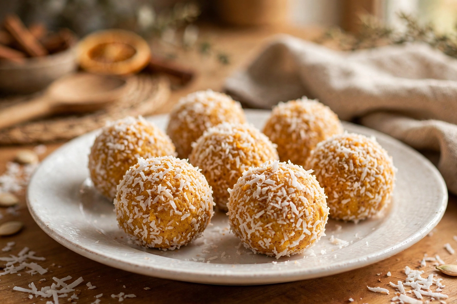 Pumpkin coconut no-bake dog treat balls on a plate