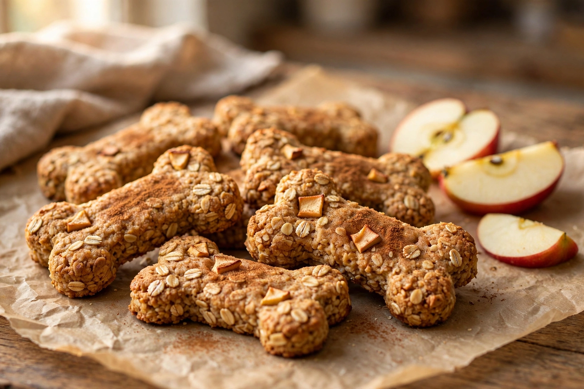 Apple cinnamon oat biscuits for dogs with apple slices