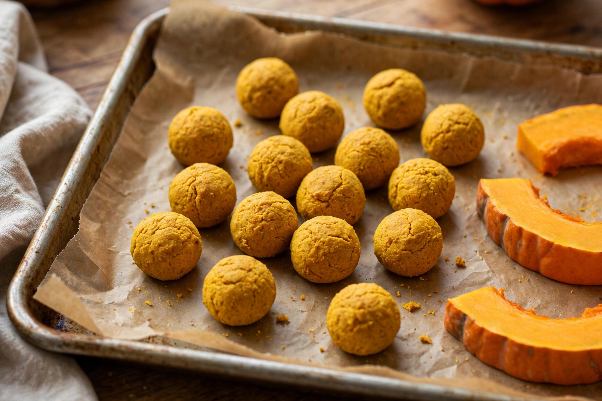 Round golden turmeric pumpkin dog treat bites on parchment paper
