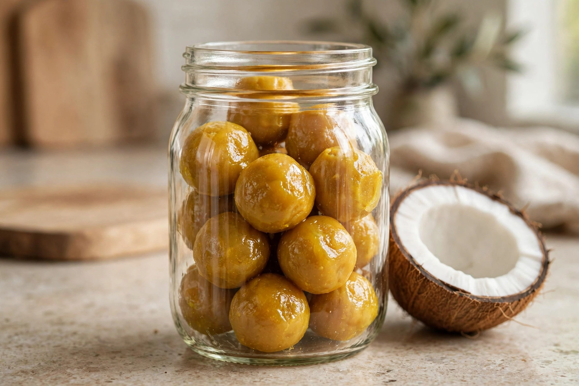 Soft golden turmeric and coconut oil dog chew treats in a glass jar