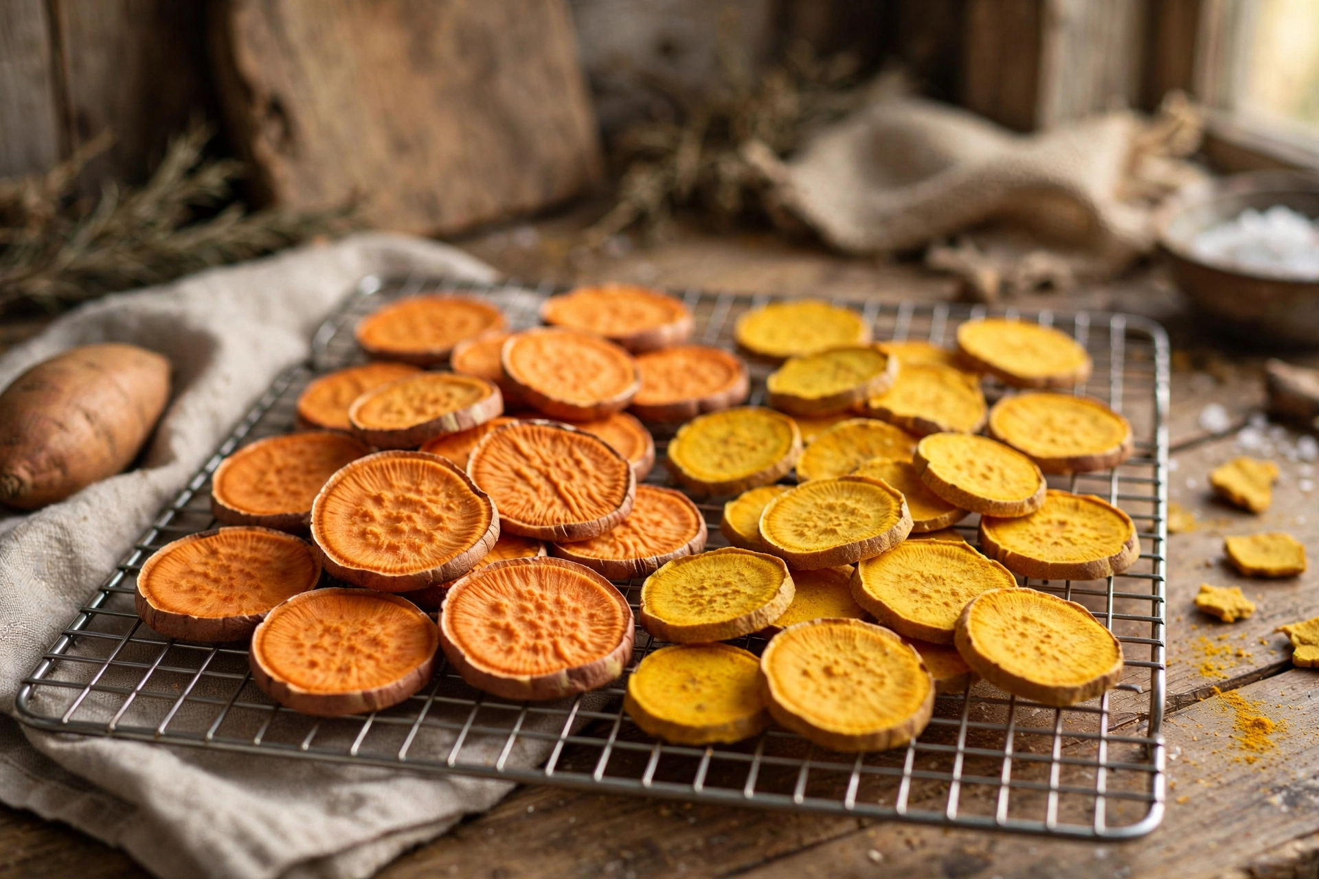 Round dehydrated sweet potato and turmeric dog treat slices on a cooling rack