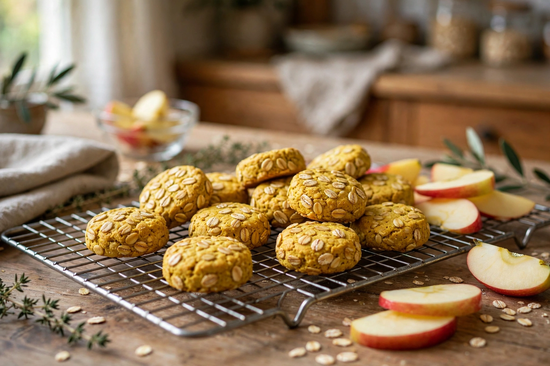 Golden turmeric apple oat dog biscuits on a cooling rack