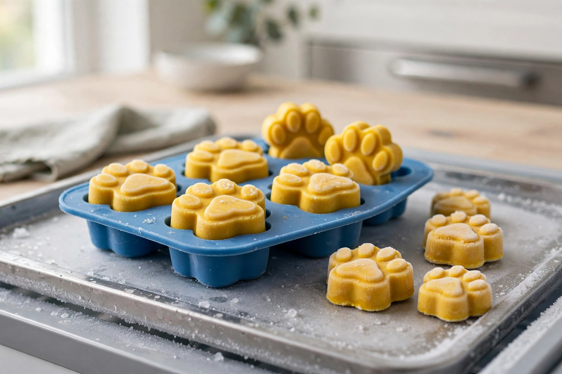 Frozen golden turmeric yogurt paw-shaped pops for dogs
