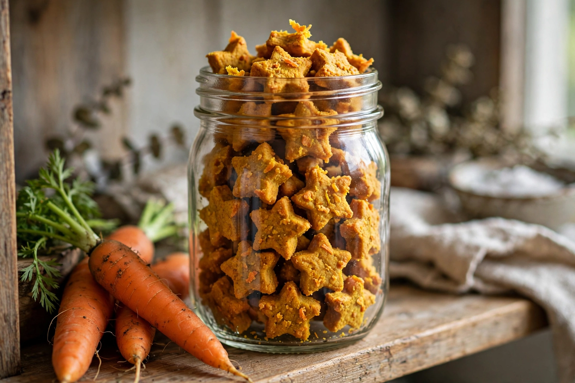 Crunchy golden turmeric carrot dog treats in a mason jar