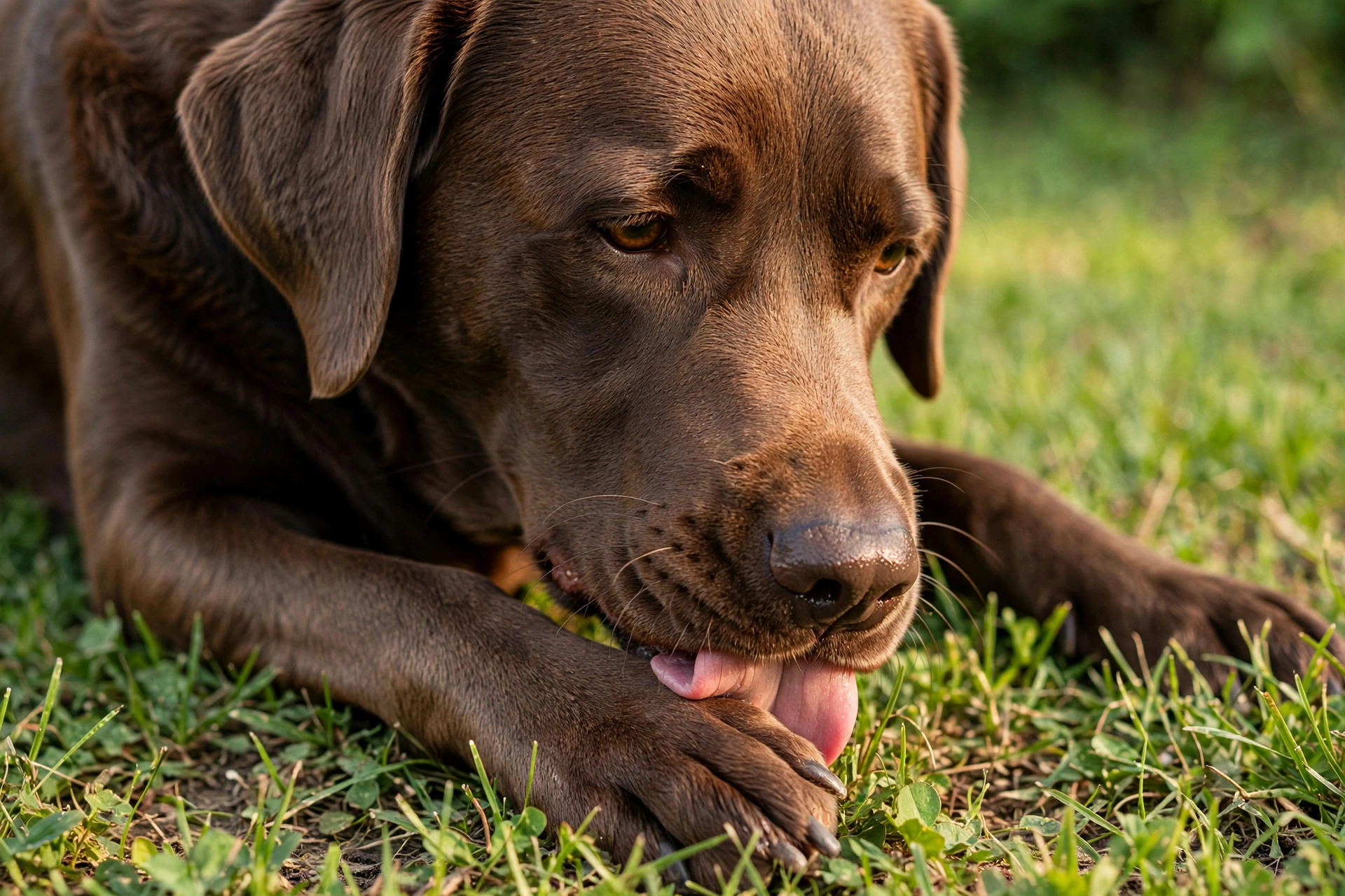 Labrador retriever licking its paw, another common site of yeast overgrowth in dogs