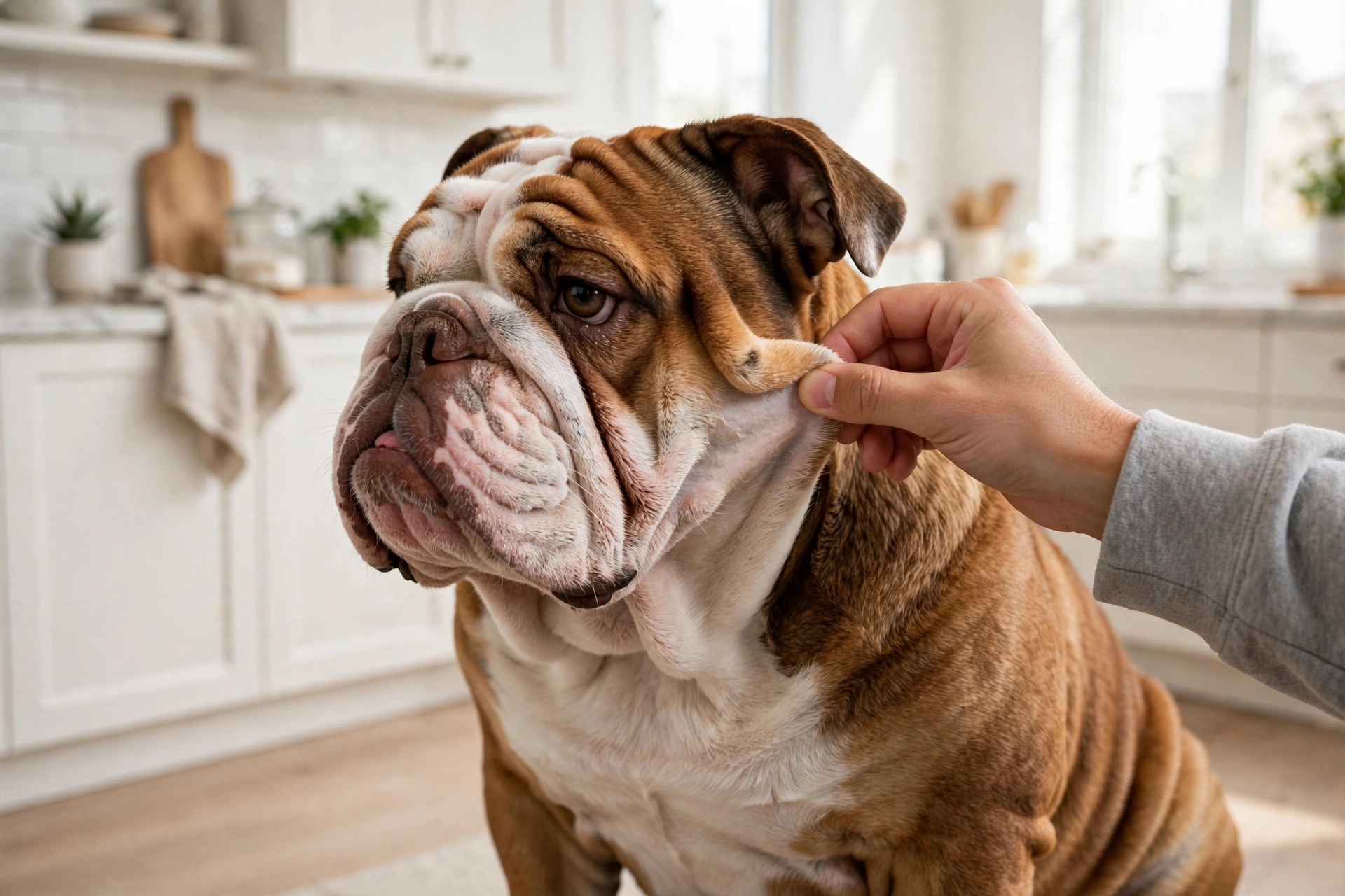 Owner gently checking the skin folds of an English bulldog for signs of yeast infection