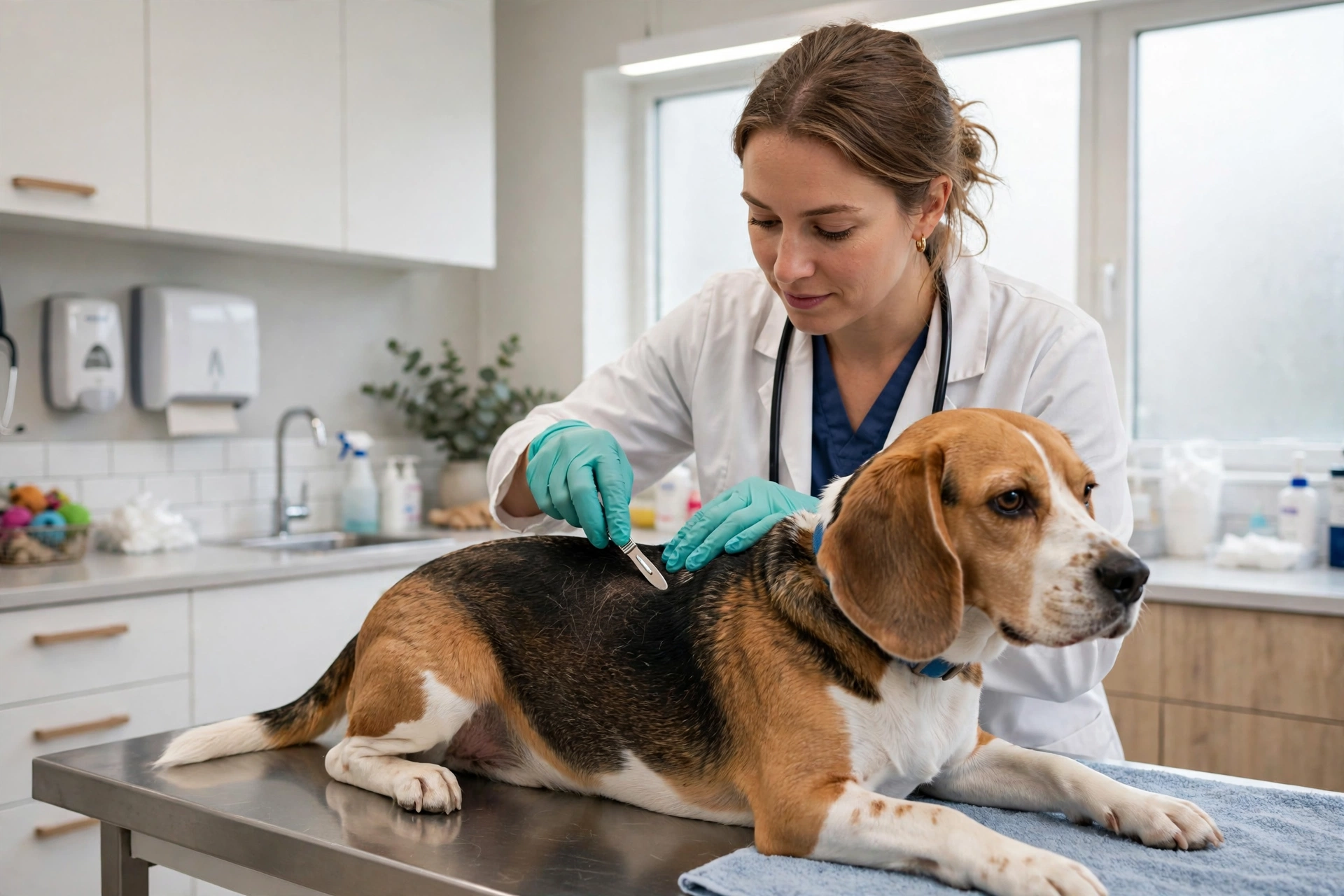 Veterinarian performing a skin scrape examination on a beagle to look for underlying causes