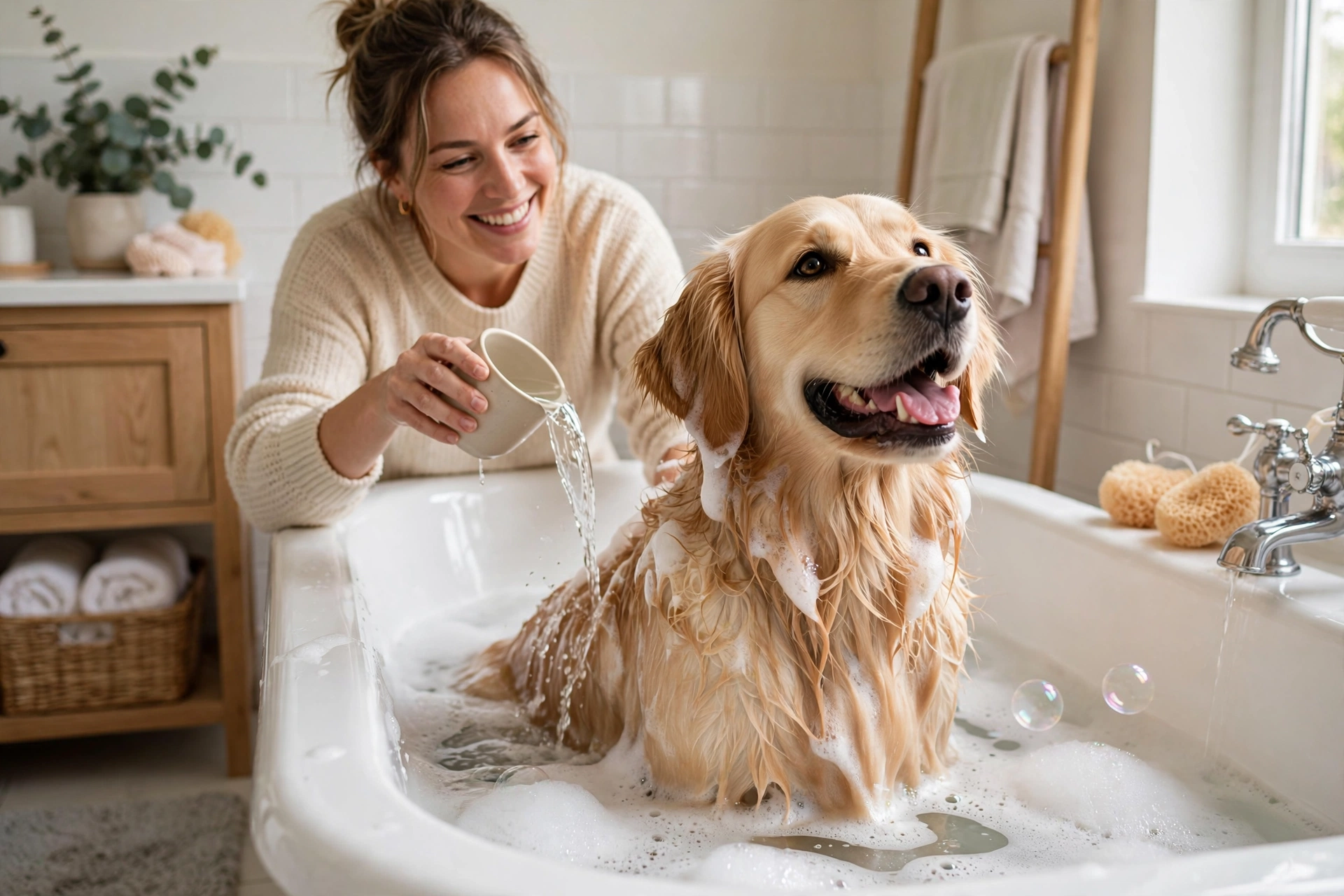 Owner bathing a golden retriever in a bathtub as part of a yeast prevention routine