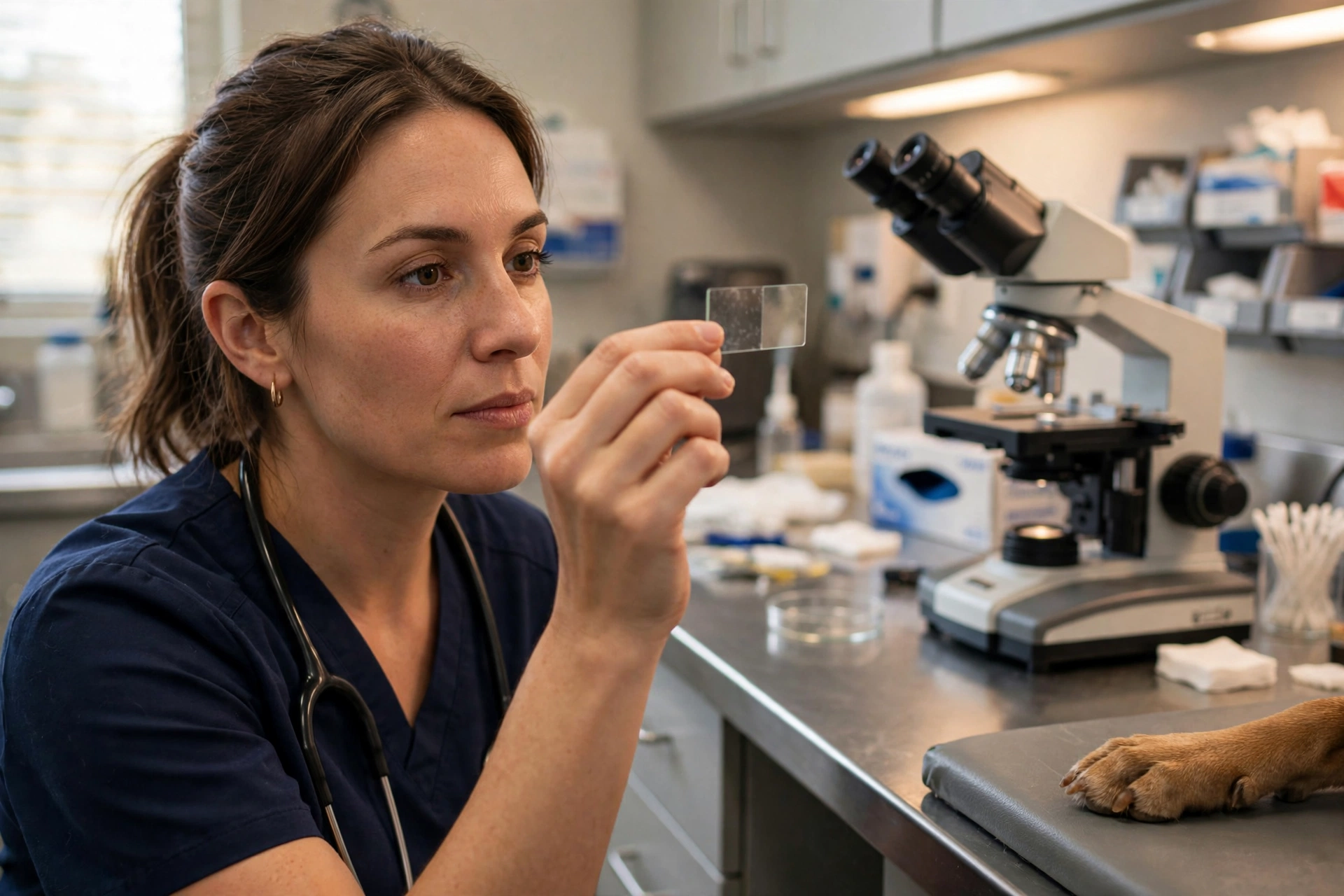 Veterinary lab slide being prepared for microscopic examination to confirm a yeast infection