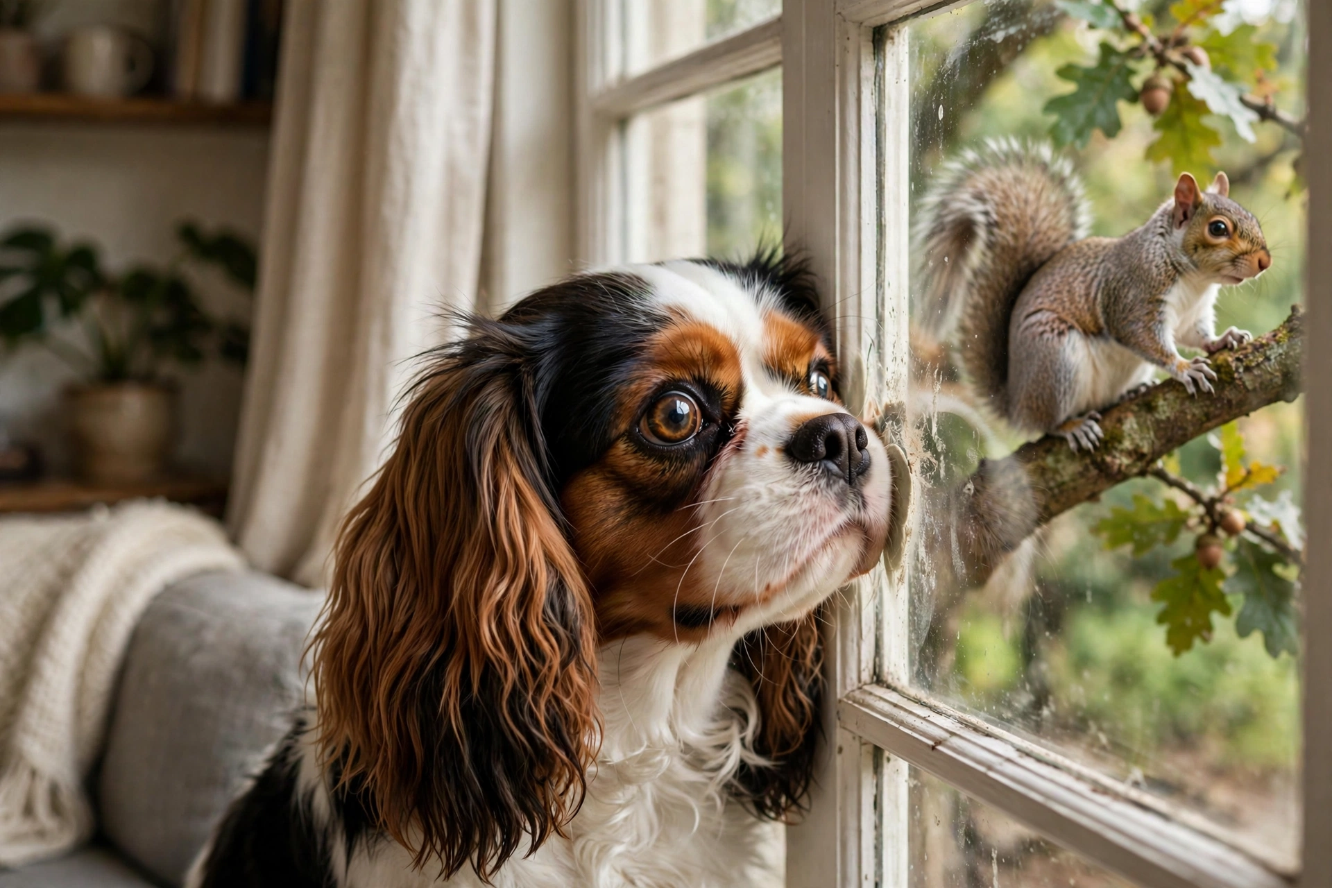Cavalier pressed against a window watching a squirrel on a tree branch