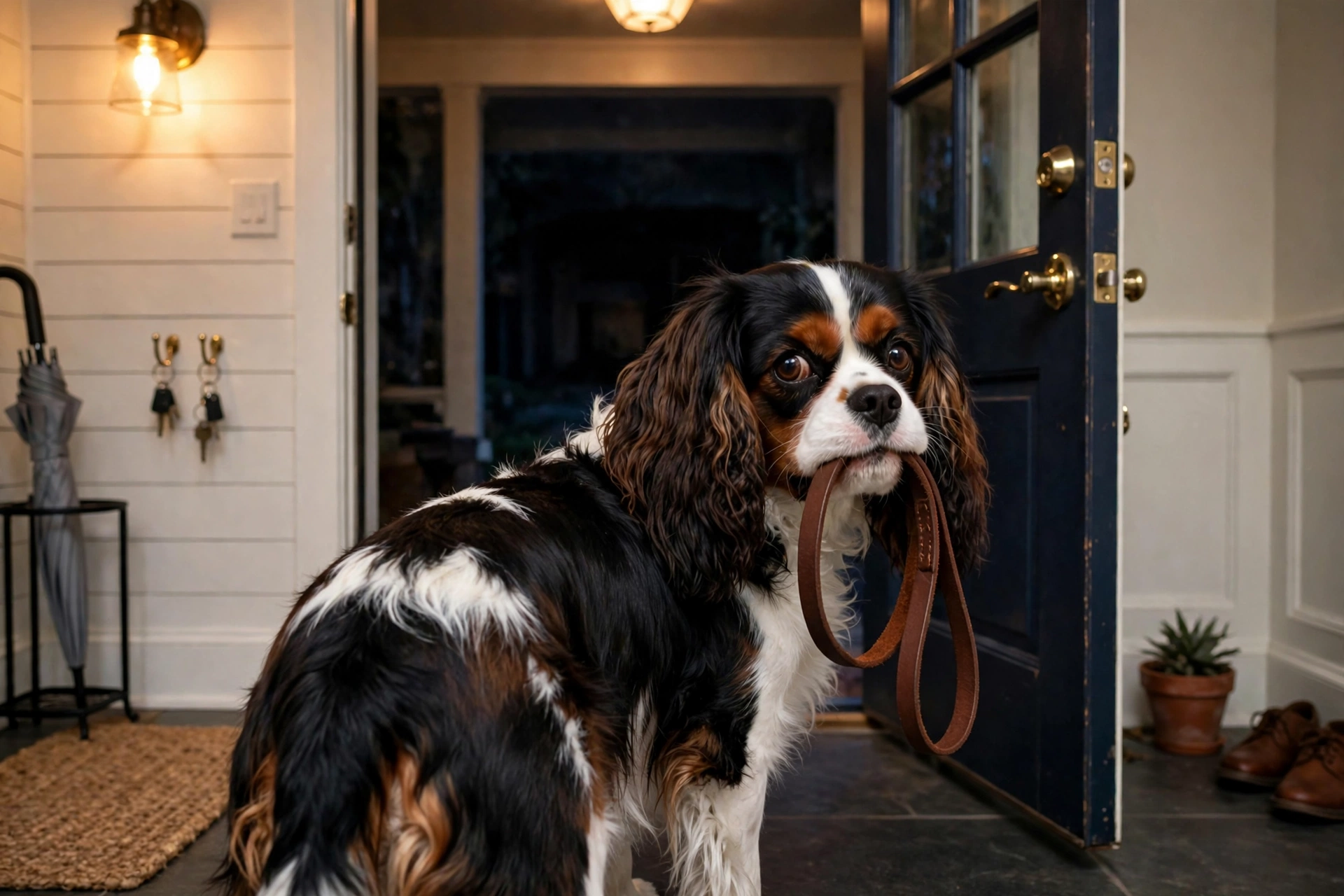 Cavalier holding a leash in its mouth at the front door