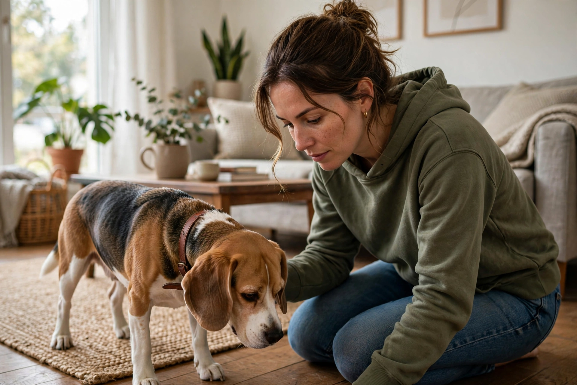 Owner watching their dog closely at home to tell vomiting apart from regurgitation