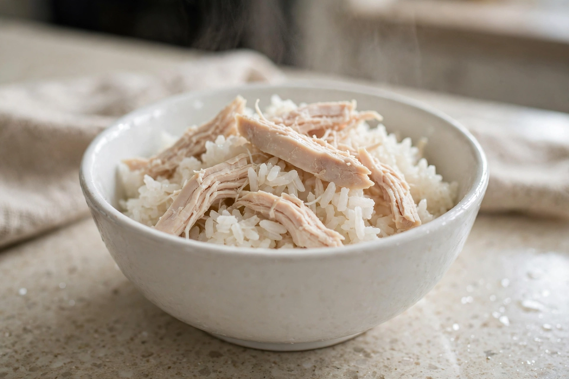 Small serving of bland boiled chicken and white rice prepared for a dog's recovery meal