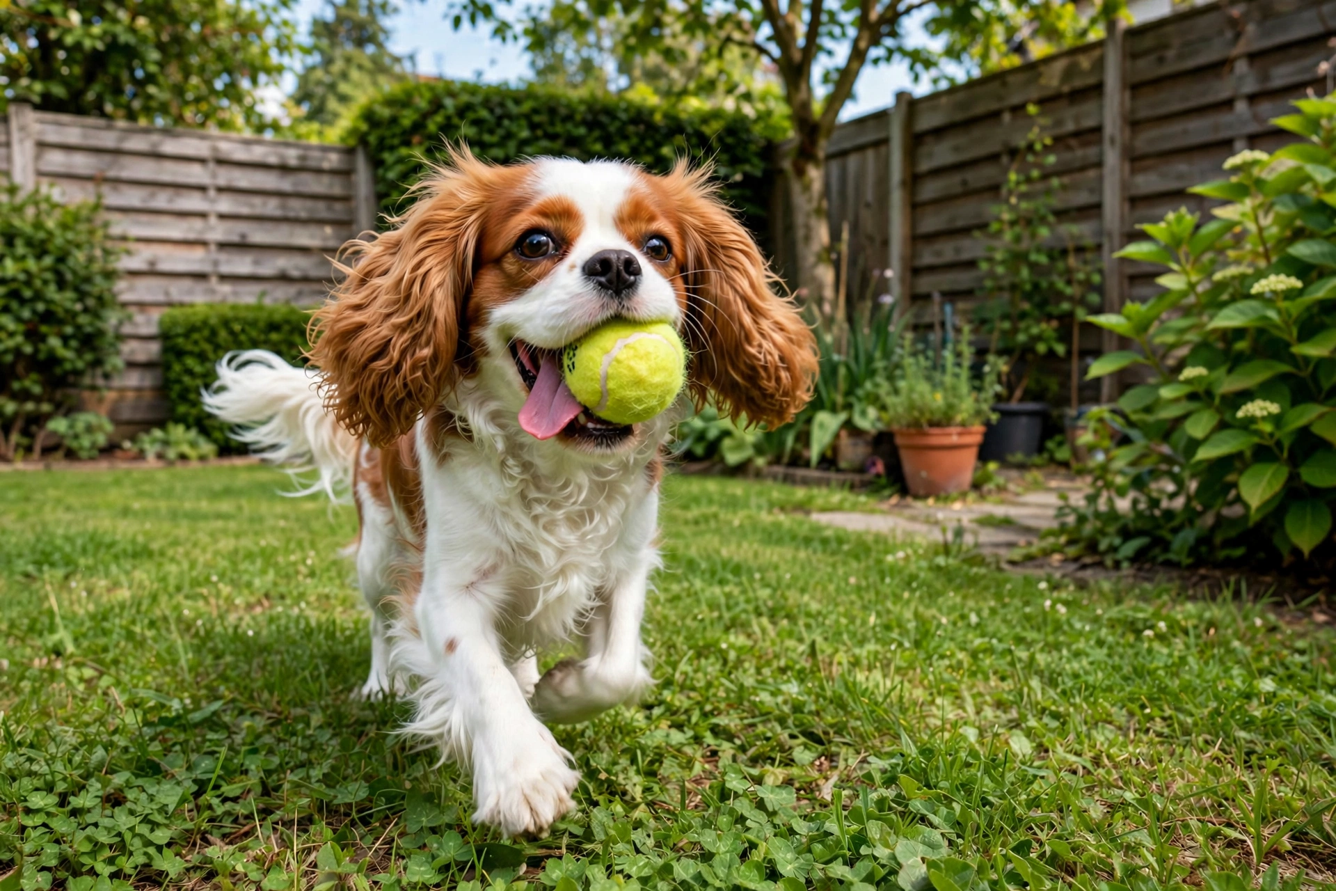 Cavalier King Charles Spaniel playing joyfully with a ball in the backyard