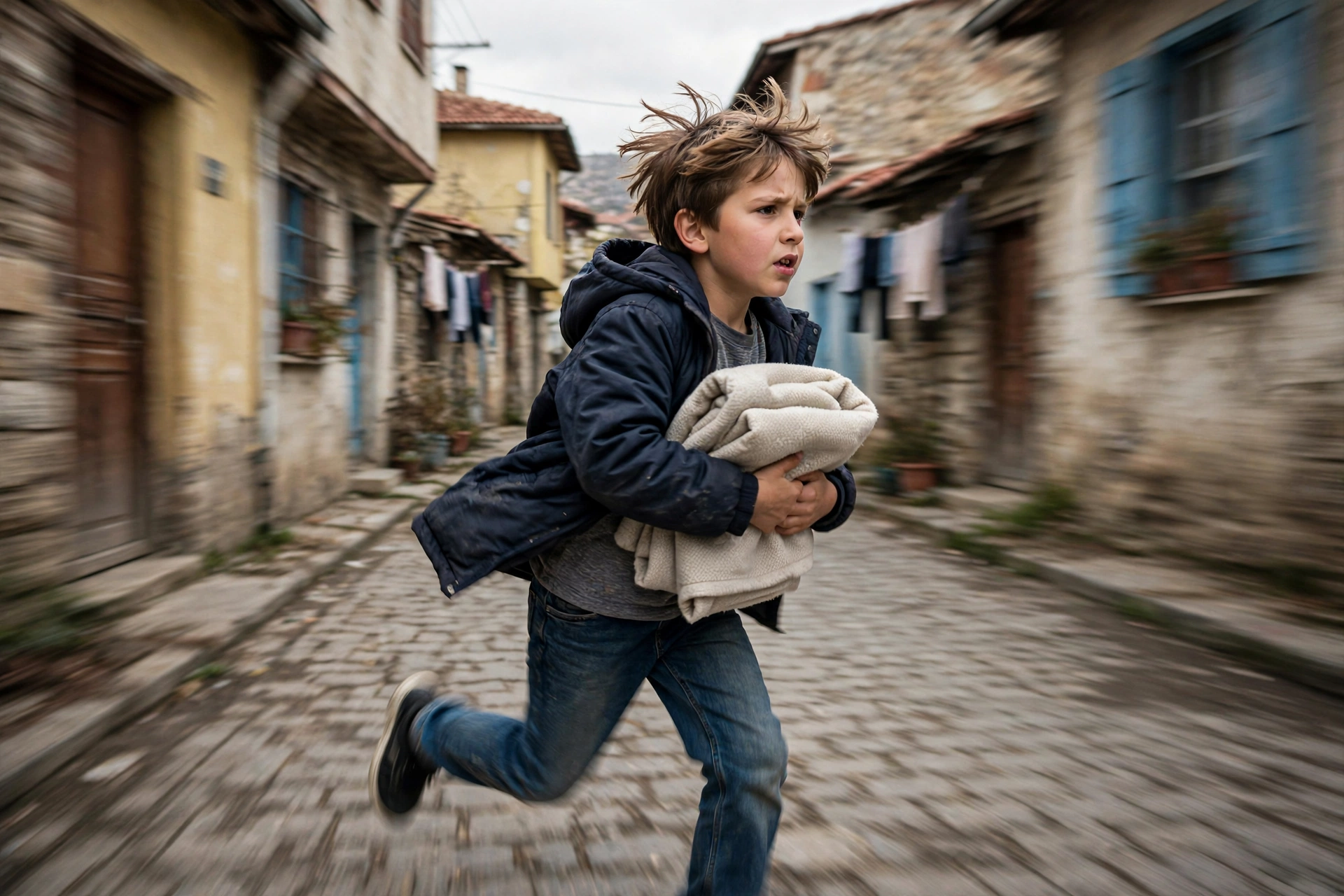 Young boy running down a street carrying a folded blanket
