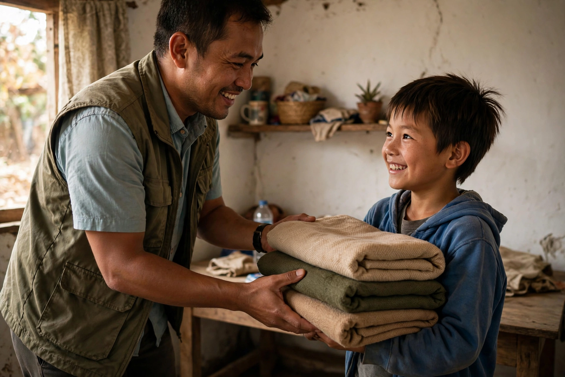 Young boy receiving new blankets from a local official